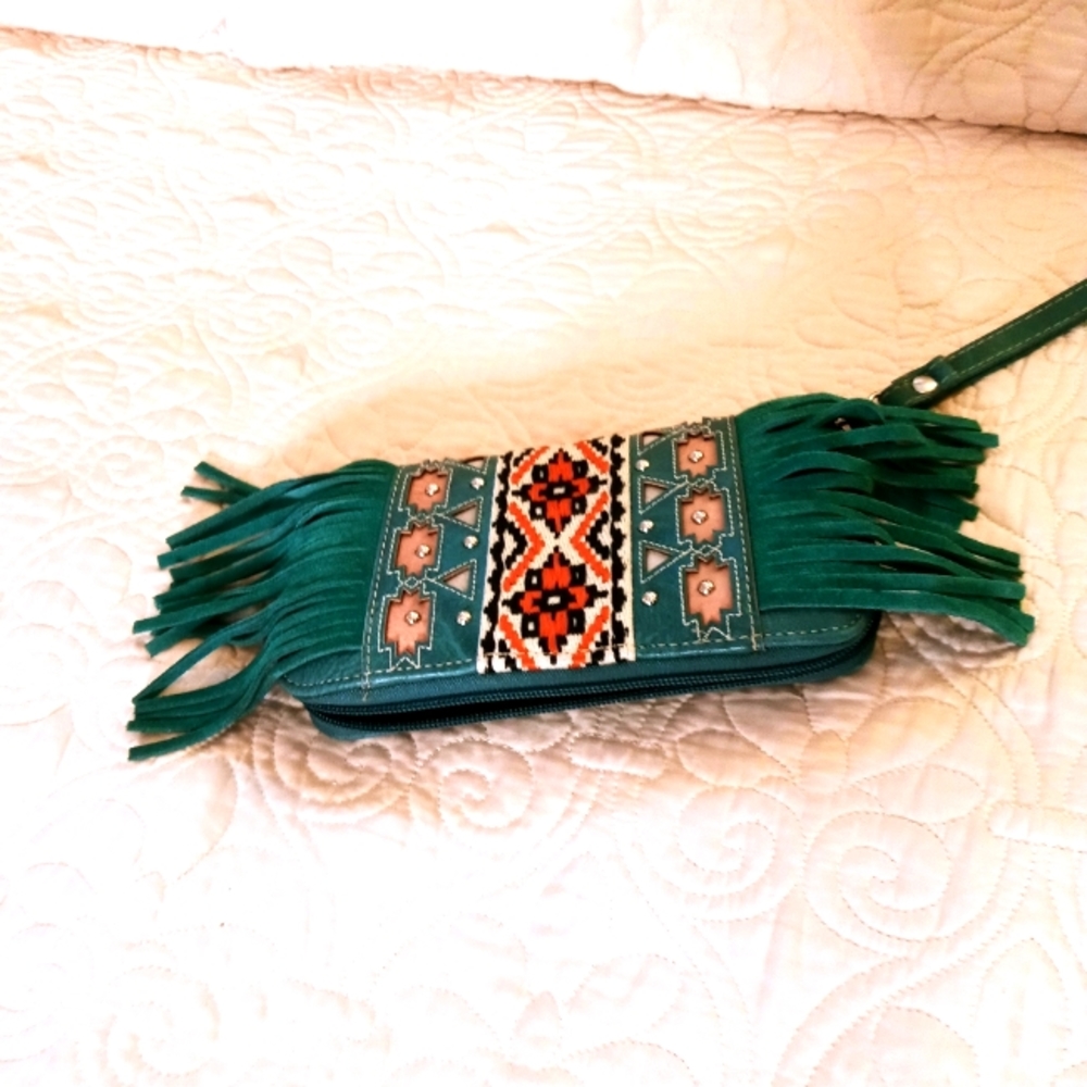 Texas West Tooled Leather & Fringe Wallet/Wristlet